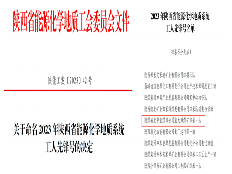 喜訊！中能袁大灘煤礦綜采一隊獲2023年陜西省能源化學(xué)地質(zhì)工會“工人先鋒號”榮譽稱號.png